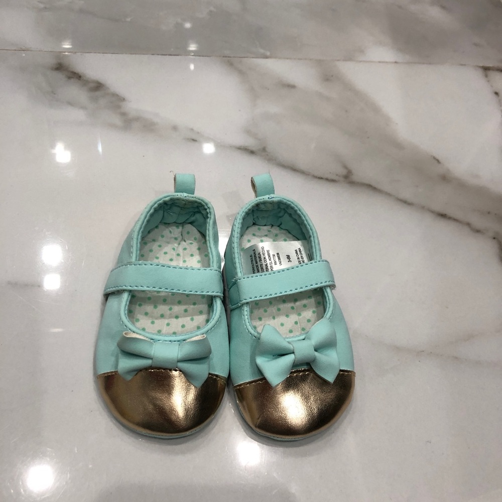 Blue & gold baby shoes 3-6m